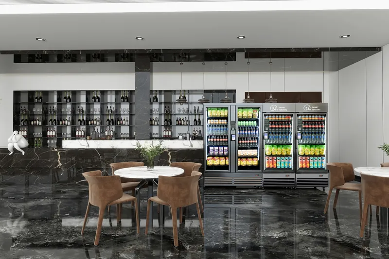 Multi-door cooler bank, drinks and snacks.