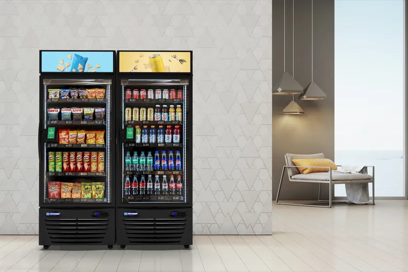 Snack and drink units, glass front.