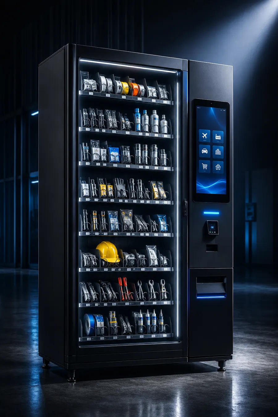 Dark, illuminated custom vending machine stocked with PPE and tools, with an industry-selection touchscreen.